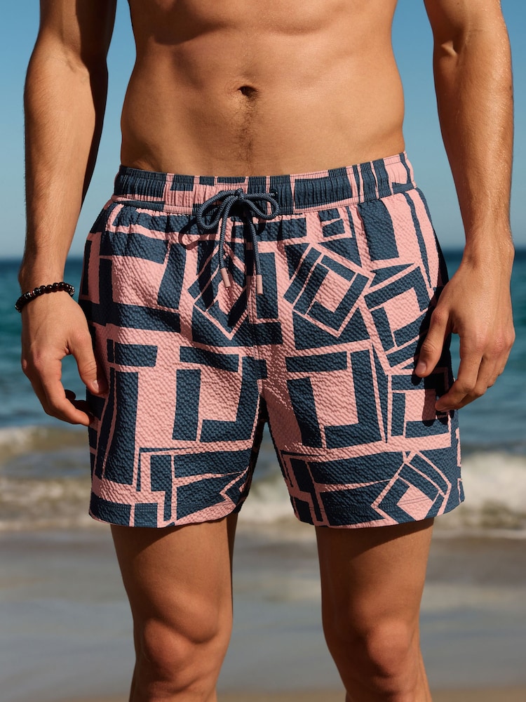 Pink/Blue Geo Seersucker 5 inch Swim Shorts - Image 1 of 4