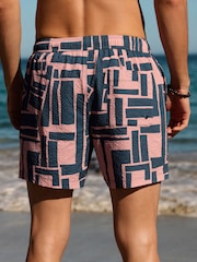 Pink/Blue Geo Seersucker 5 inch Swim Shorts - Image 3 of 4