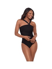 შავი - Miraclesuit Animal Asymmetrical Halter Neckline Hidden Underwire Leopard Print Tummy Control Swimsuit - სურათი 5 6-დან