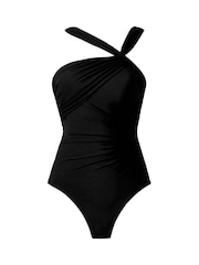 შავი - Miraclesuit Animal Asymmetrical Halter Neckline Hidden Underwire Leopard Print Tummy Control Swimsuit - სურათი 6 6-დან