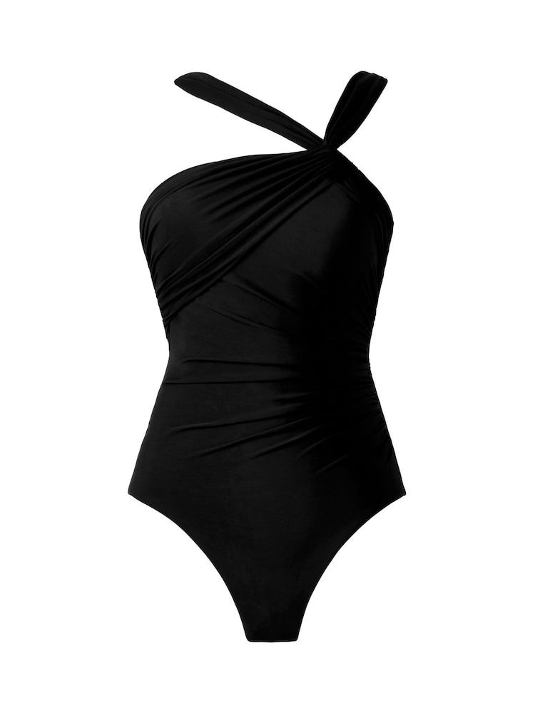 შავი - Miraclesuit Animal Asymmetrical Halter Neckline Hidden Underwire Leopard Print Tummy Control Swimsuit - სურათი 6 6-დან