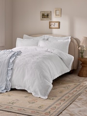 White Floral Textured Embossed Duvet Cover and Pillowcase Set - Image 1 of 4