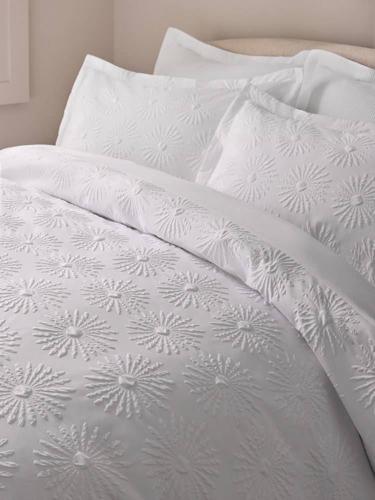 White Floral Textured Embossed Duvet Cover and Pillowcase Set - Image 2 of 4