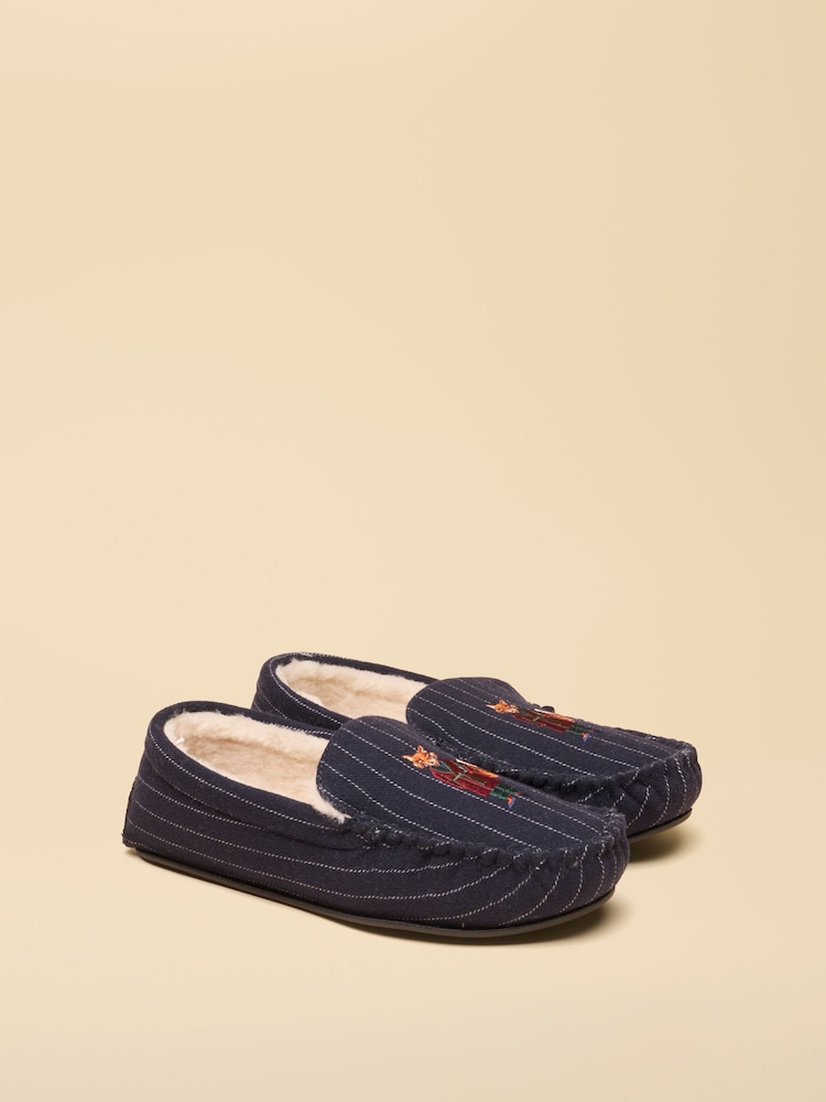 Joules Moccasin Navy Fox Embroidered Slippers - Image 1 of 6 Joules Moccasin Navy Fox Embroidered Slippers - Image 1 of 6