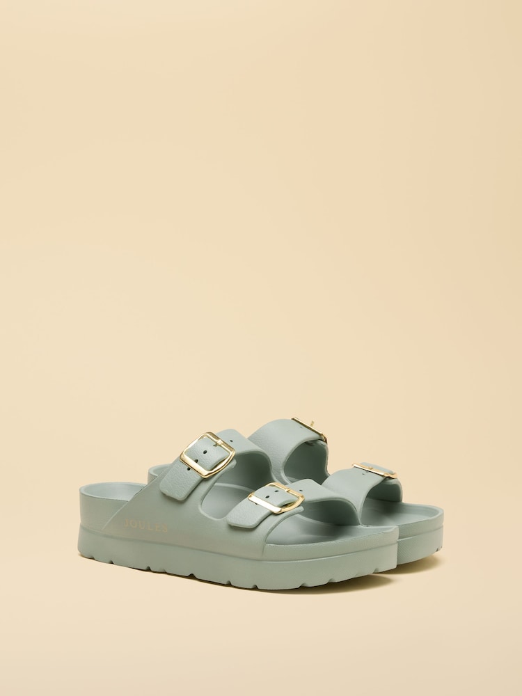 Joules Sage Green Chunky Platform Sunseeker Double Buckle Sliders - Image 1 of 6 Joules Sage Green Chunky Platform Sunseeker Double Buckle Sliders - Image 1 of 6