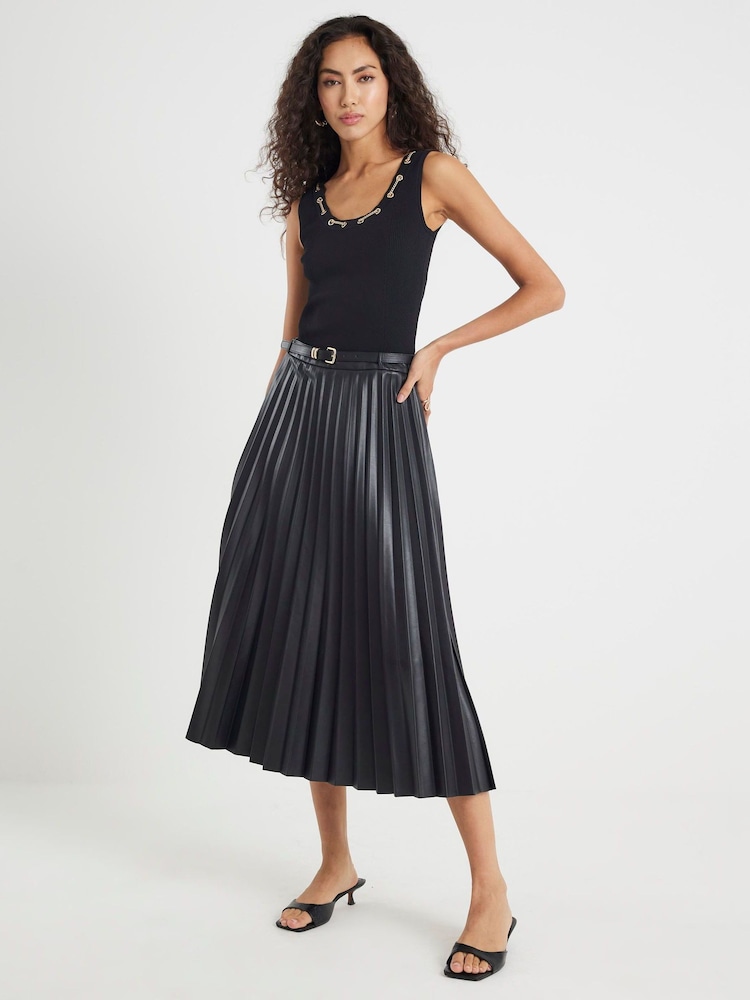 River Island Black Belted Pleated Midi Skirt - Image 1 of 4