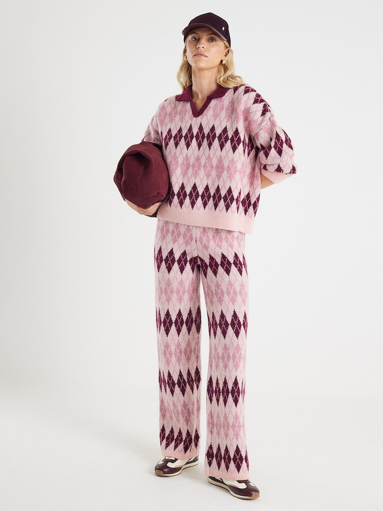 River Island Pink Argyle Knitted Polo Shirt - Image 2 of 4