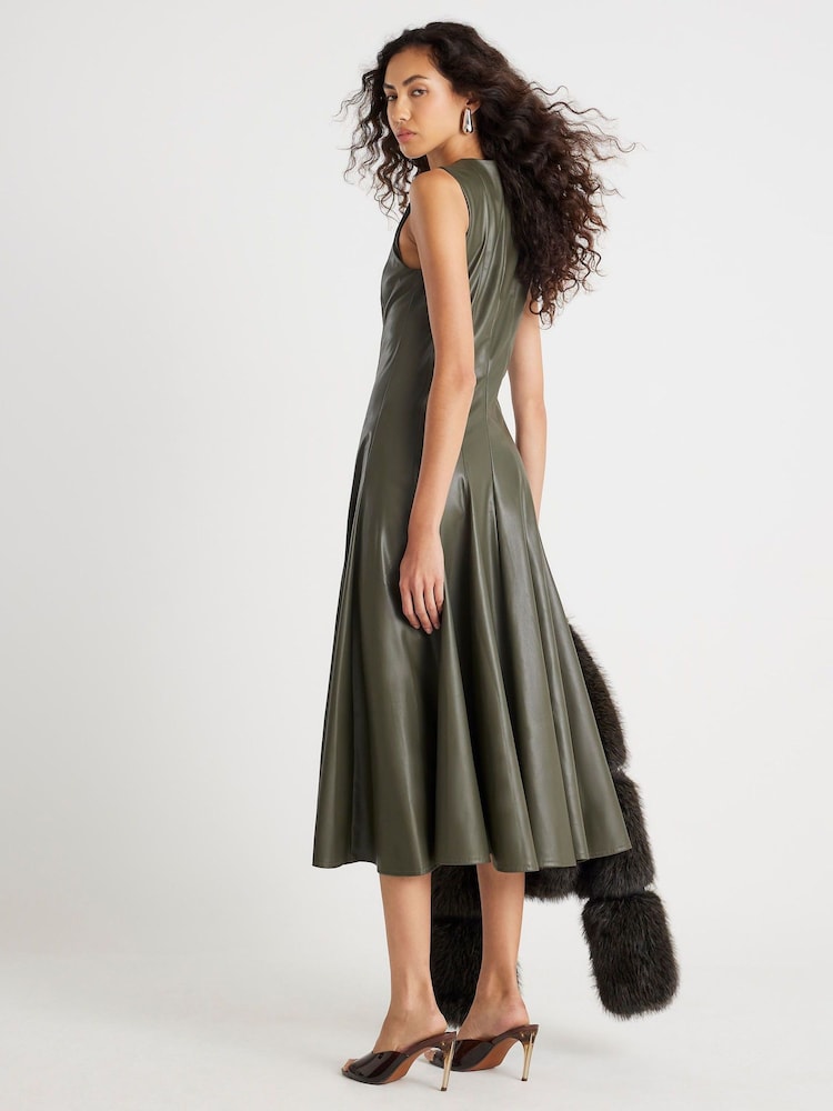River Island Green Cinched Faux Leather Midi Dress - Image 2 of 4