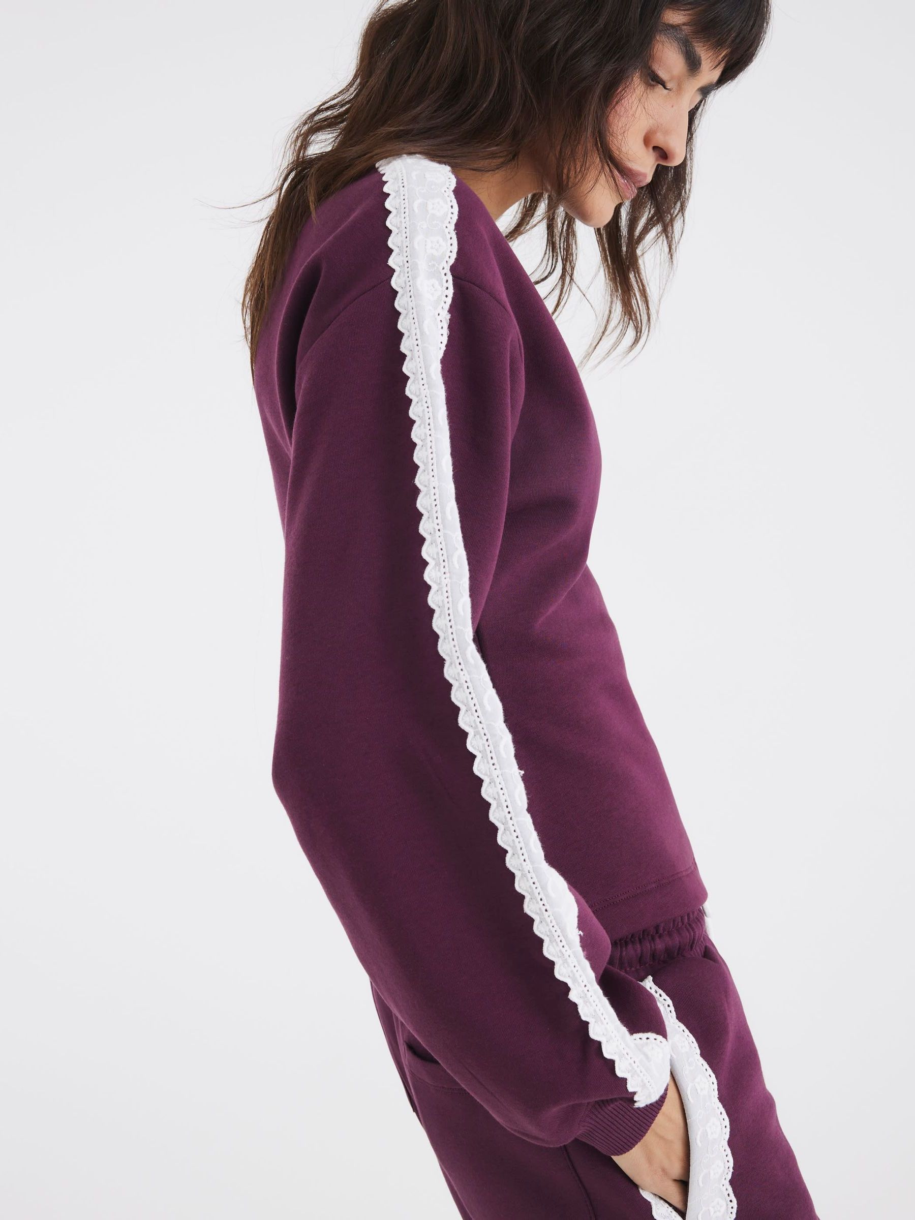 Buy River Island Purple Lace Trim Cinched Sweatshirt from Next