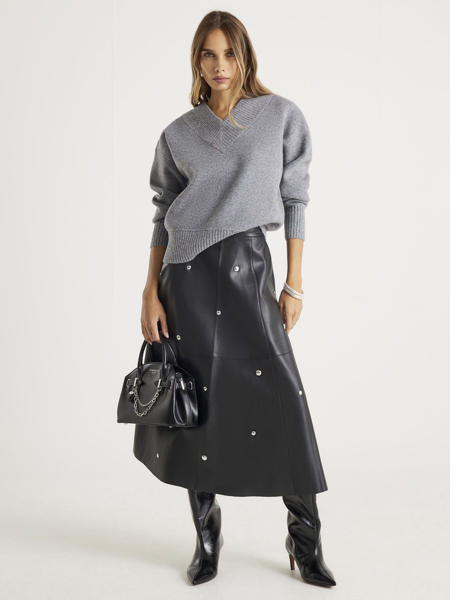 Buy River Island Grey Long Sleeve V Neck Knitted Jumper from Next USA