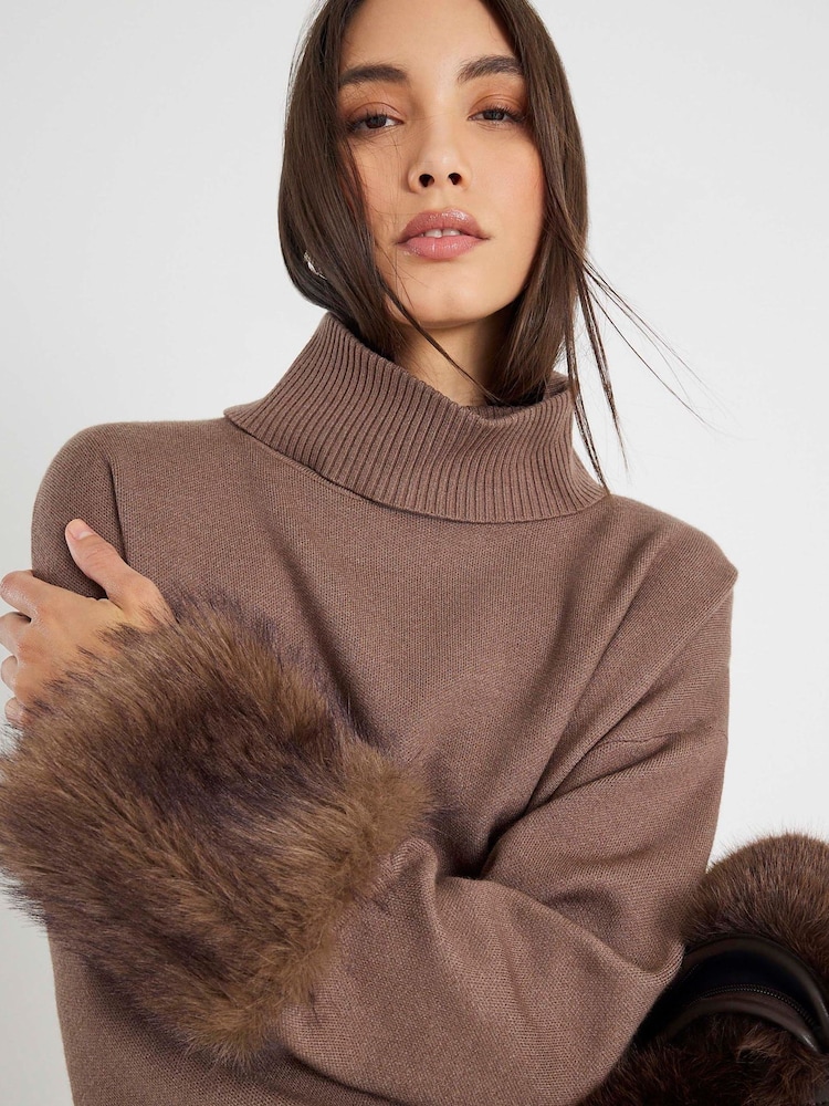 River Island Fur Cuff Roll Neck Jumper - Imagen 1 de 4