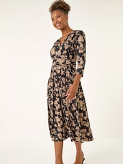 Roman Natural Abstract Floral Wrap Midi Dress - Image 2 of 5