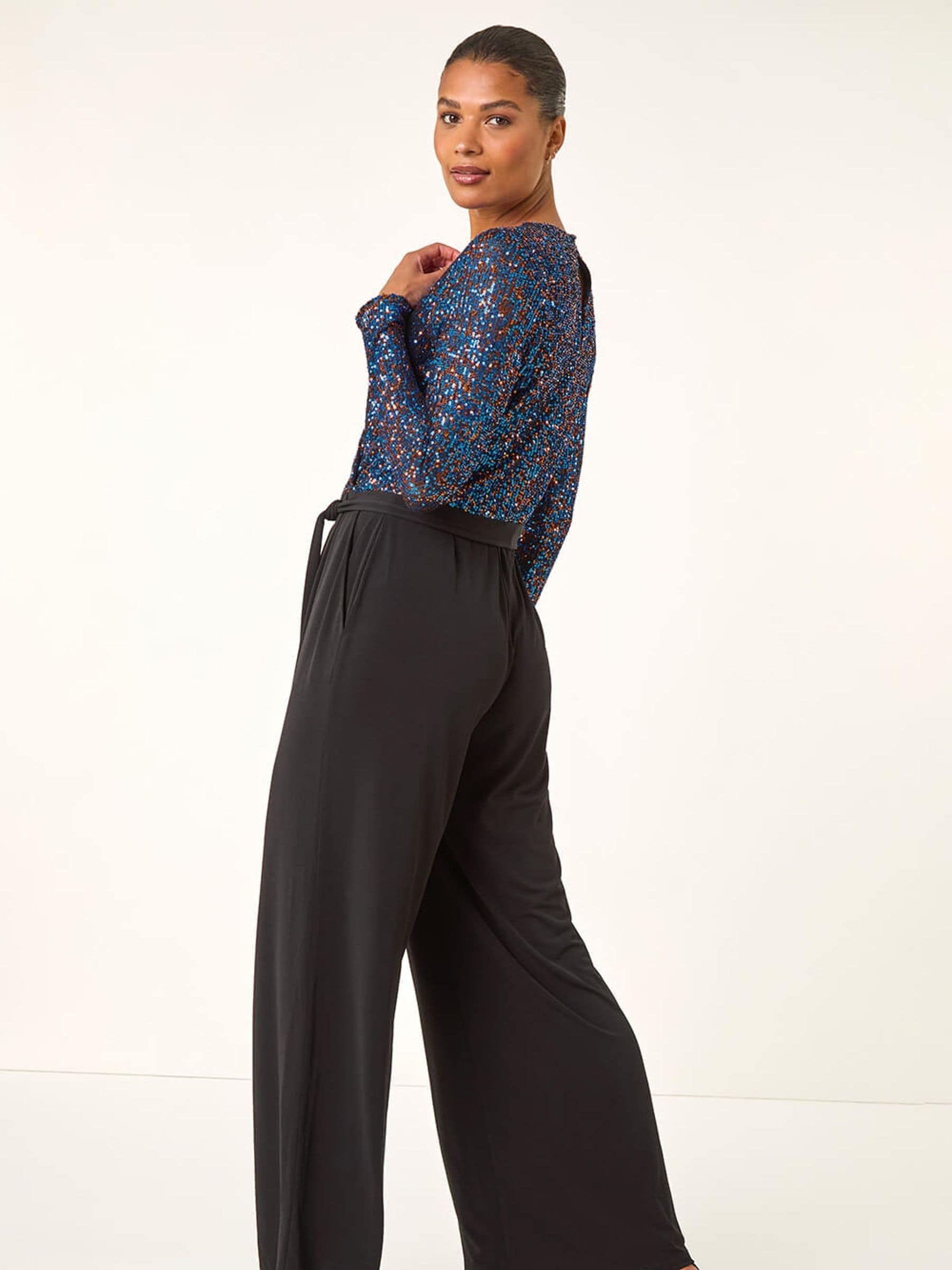 Buy Roman Blue Sequin Wrap V-Neck Stretch Jumpsuit from Next USA