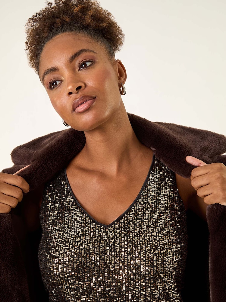 Roman Metallic Sequin V-Neck Vest Top - Image 1 of 5 Roman Metallic Sequin V-Neck Vest Top - Image 1 of 5