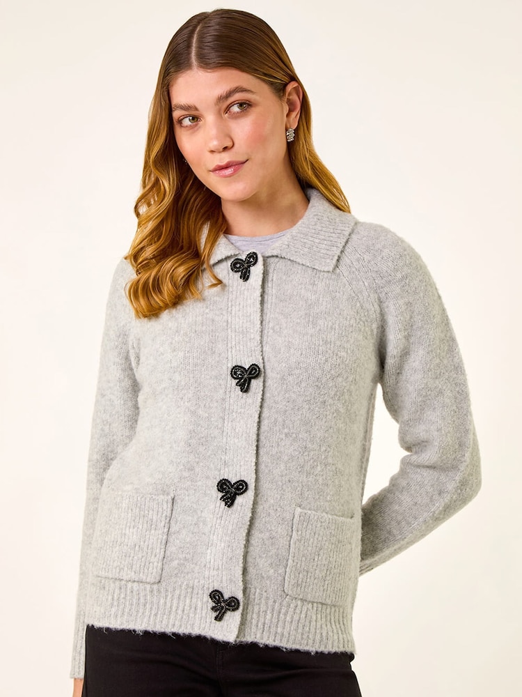 Roman Grey Bow Buttoned Collared Cardigan - Image 1 of 5 Roman Grey Bow Buttoned Collared Cardigan - Image 1 of 5