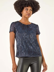 Roman Blue Sequin Plisse Blouse - Image 2 of 5