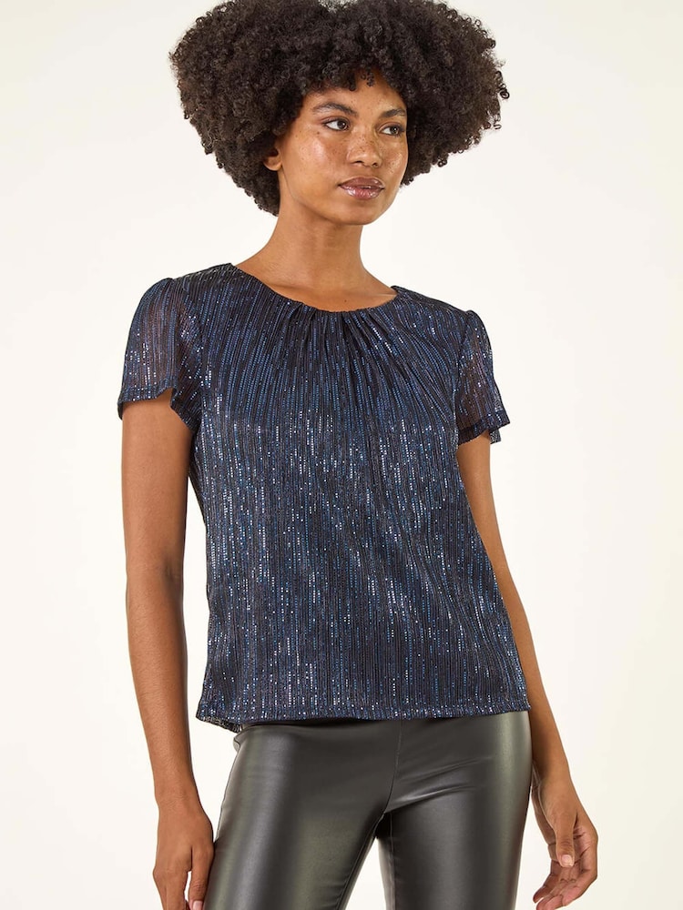 Roman Blue Sequin Plisse Blouse - Image 2 of 5 Roman Blue Sequin Plisse Blouse - Image 2 of 5