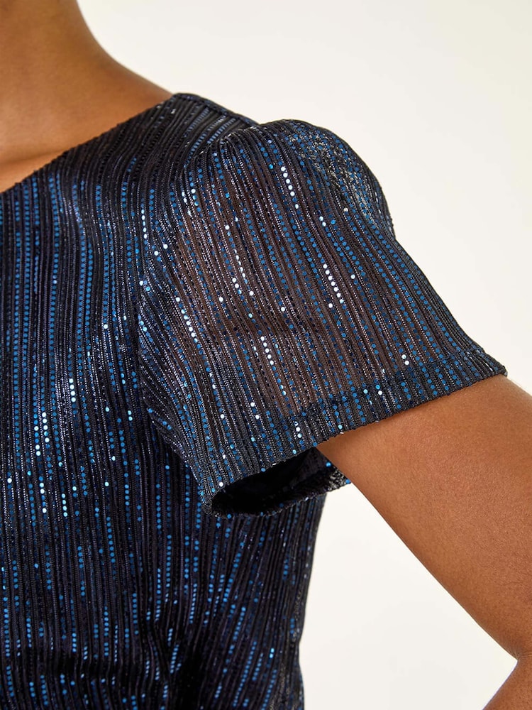 Roman Blue Sequin Plisse Blouse - Image 5 of 5 Roman Blue Sequin Plisse Blouse - Image 5 of 5