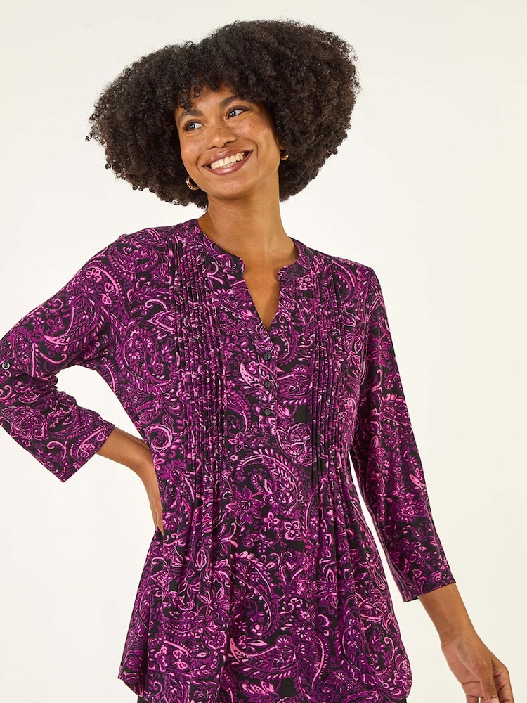 Roman Pink Paisley Print V-Neck Stretch Shirt - Image 1 of 5 Roman Pink Paisley Print V-Neck Stretch Shirt - Image 1 of 5