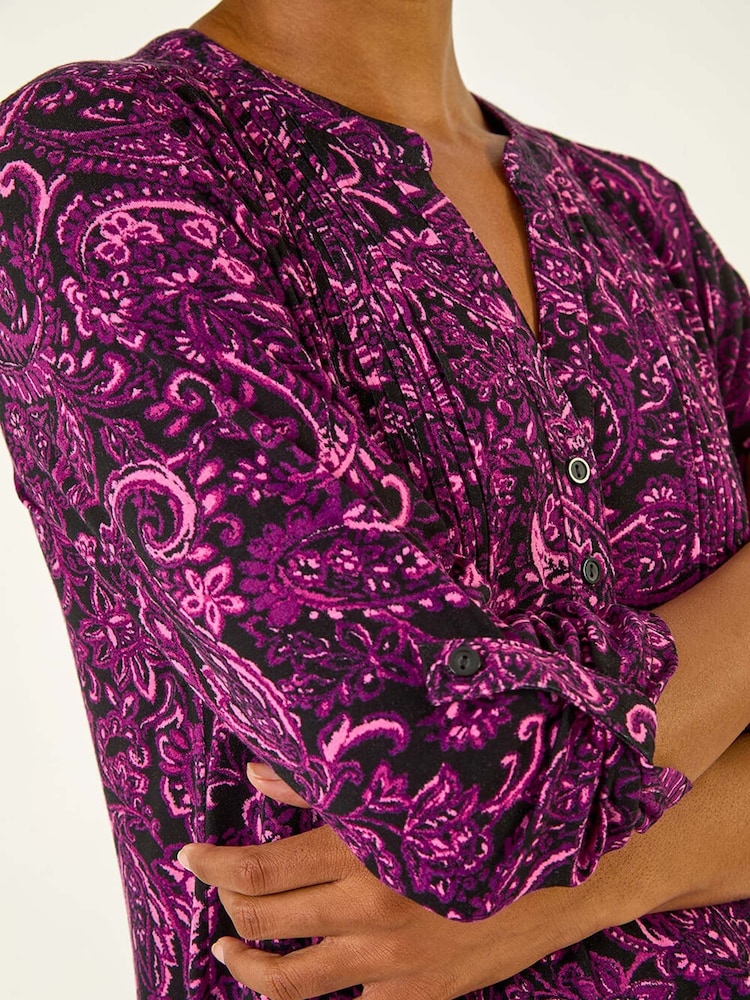Roman Pink Paisley Print V-Neck Stretch Shirt - Image 5 of 5