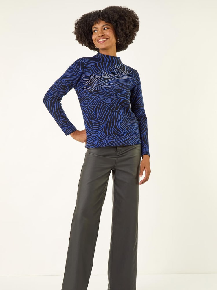 Roman Blue Animal Sequin High Neck Knit Jumper - Image 2 of 5 Roman Blue Animal Sequin High Neck Knit Jumper - Image 2 of 5