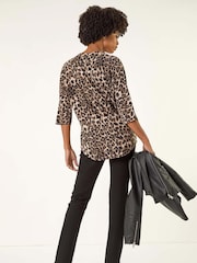 Roman Brown Animal Print Zip Front Stretch Blouse - Image 3 of 5