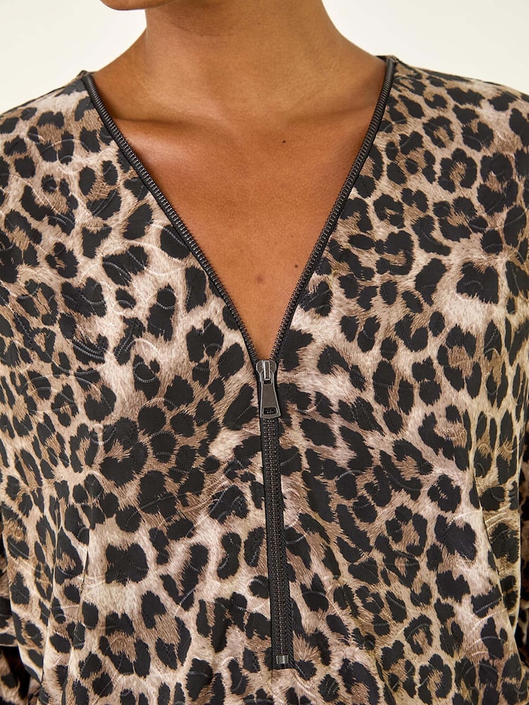 Roman Brown Animal Print Zip Front Stretch Blouse - Image 5 of 5