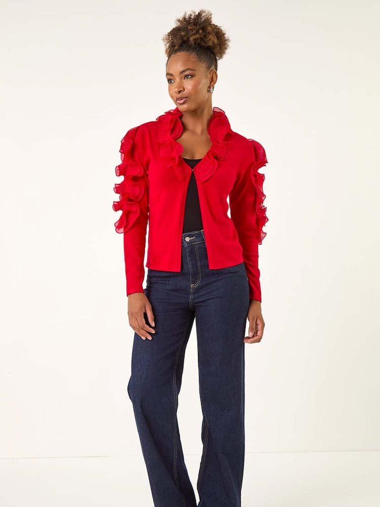 Roman Red Ruffle Contrast Knit Cardigan - Image 1 of 5