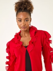 Roman Red Ruffle Contrast Knit Cardigan - Image 2 of 5