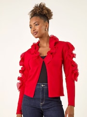 Roman Red Ruffle Contrast Knit Cardigan - Image 4 of 5