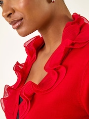 Roman Red Ruffle Contrast Knit Cardigan - Image 5 of 5
