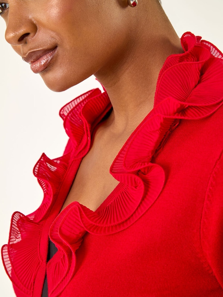 Roman Red Ruffle Contrast Knit Cardigan - Image 5 of 5 Roman Red Ruffle Contrast Knit Cardigan - Image 5 of 5