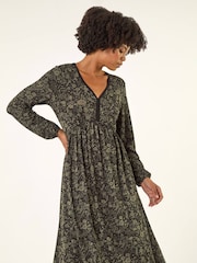 Roman Green Floral Print V-Neck Stretch Midi Dress - Image 4 of 5