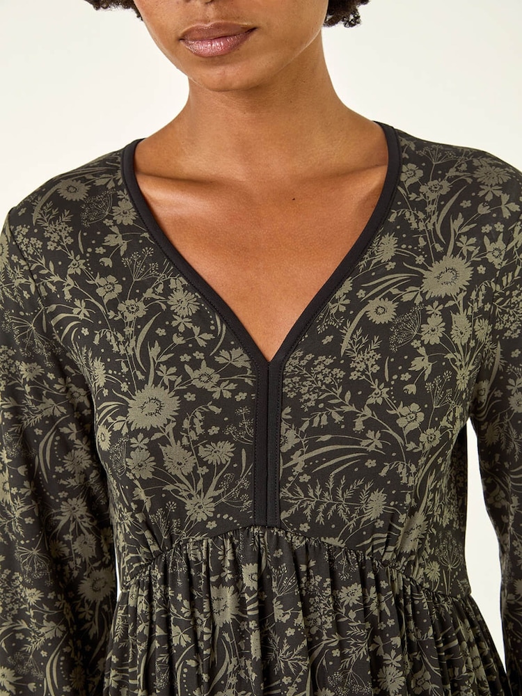 Roman Green Floral Print V-Neck Stretch Midi Dress - Image 5 of 5
