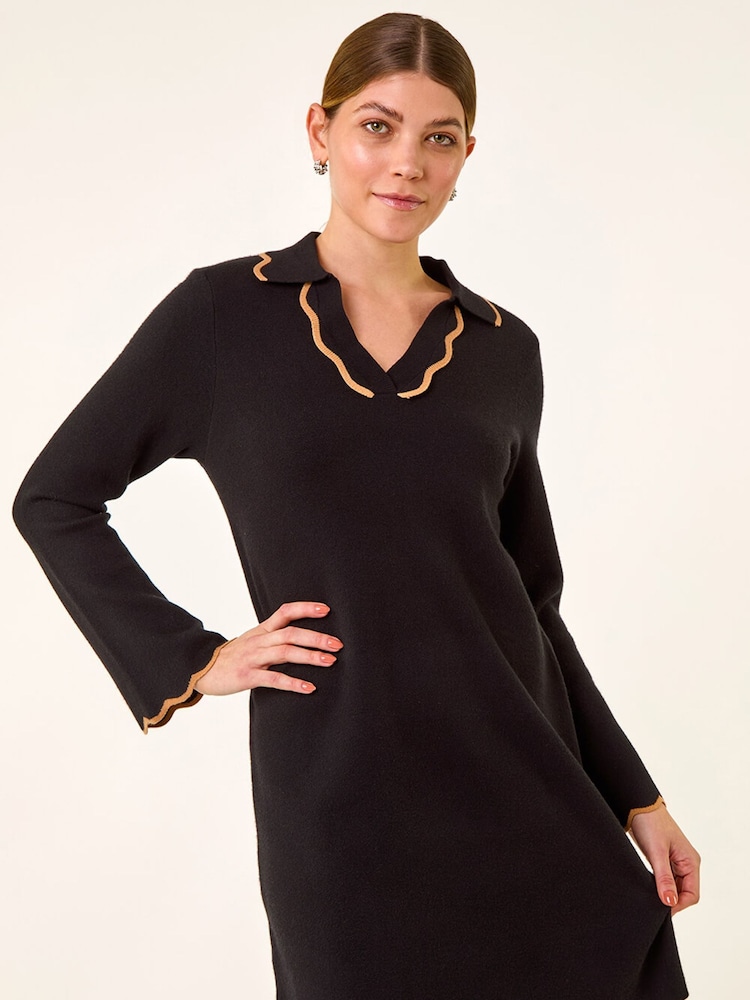 Roman Black Scalloped Edge Knit Dress - Image 2 of 5 Roman Black Scalloped Edge Knit Dress - Image 2 of 5