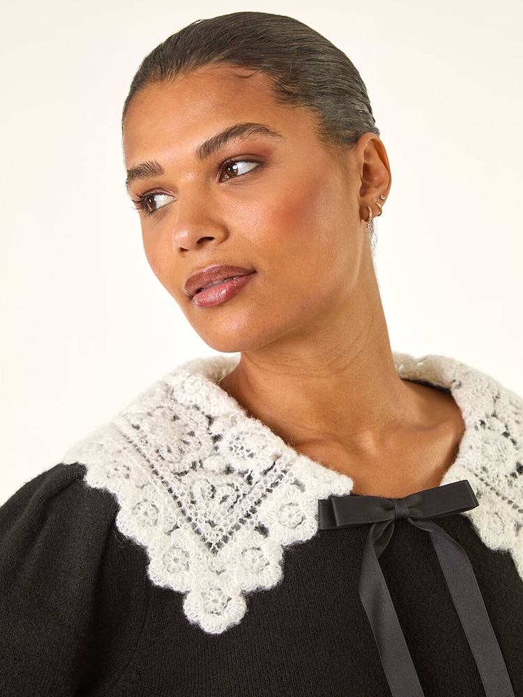 black crochet collar dress Womens Roman Black Crochet Collar Knitted Dress US 8