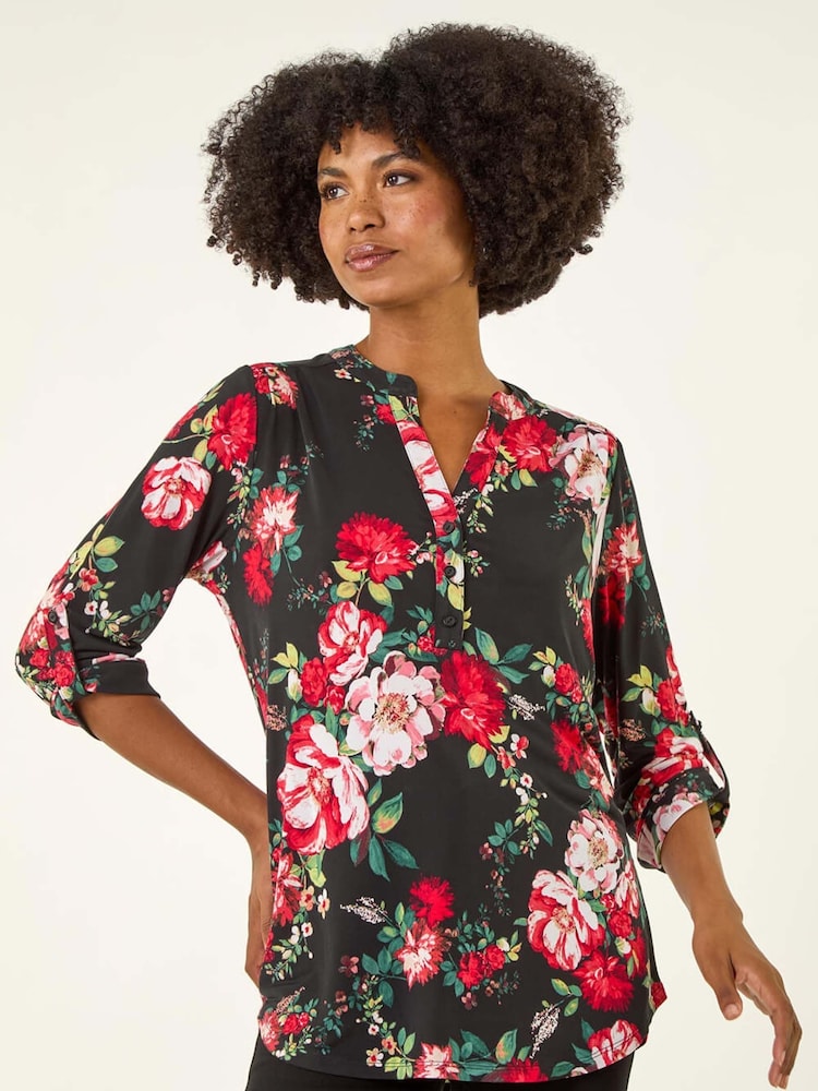 Roman Red Floral Print Stretch Shirt - Image 1 of 5 Roman Red Floral Print Stretch Shirt - Image 1 of 5