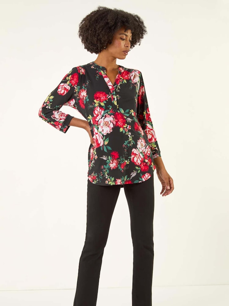 Roman Red Floral Print Stretch Shirt - Image 2 of 5 Roman Red Floral Print Stretch Shirt - Image 2 of 5