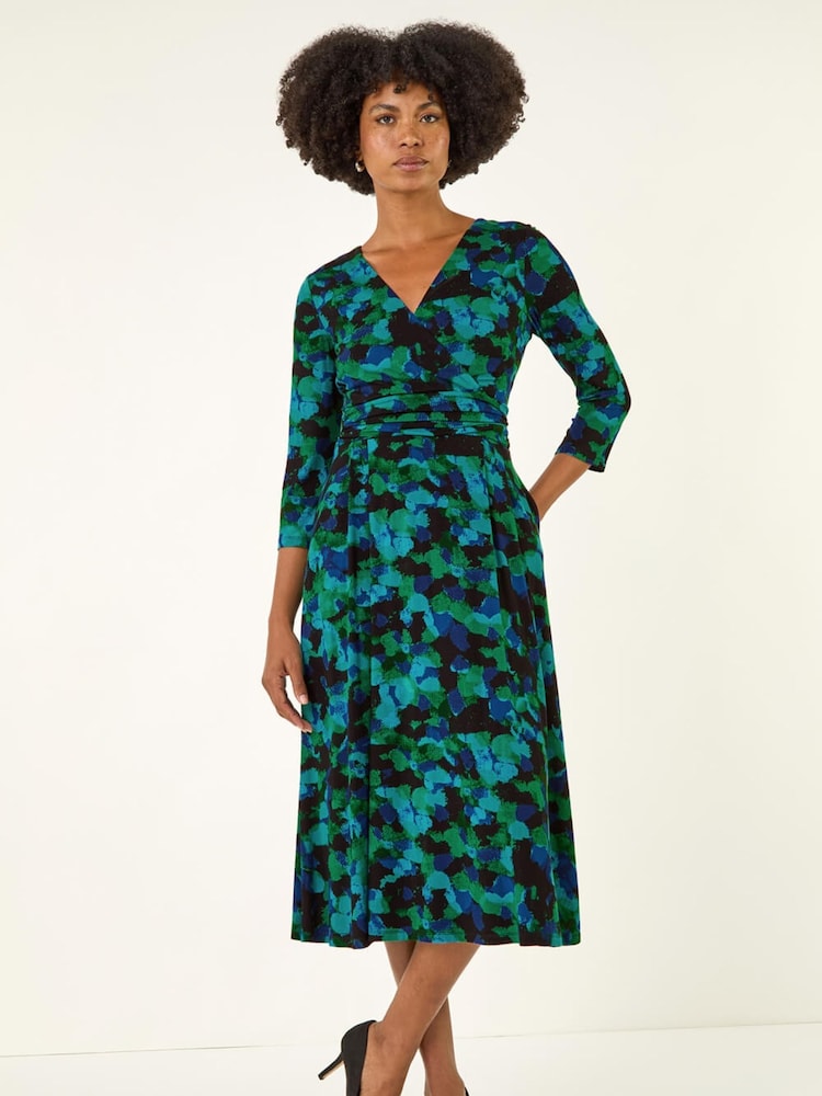 Roman Green Abstract Print V-Neck Stretch Midi Dress - Image 1 of 5 Roman Green Abstract Print V-Neck Stretch Midi Dress - Image 1 of 5