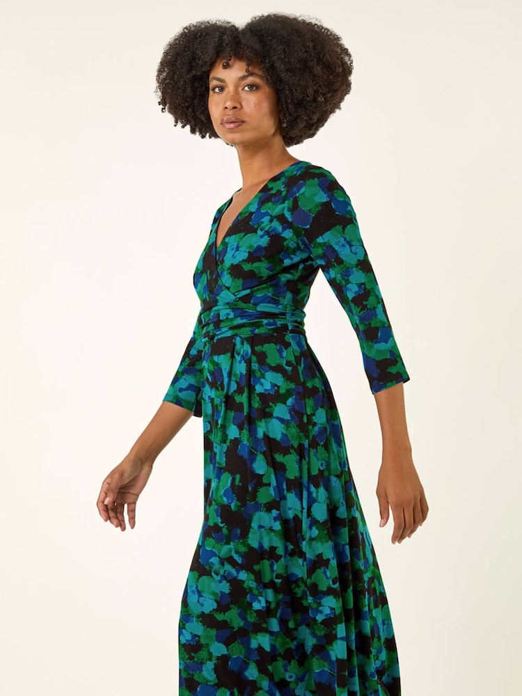 Roman Green Abstract Print V-Neck Stretch Midi Dress - Image 2 of 5 Roman Green Abstract Print V-Neck Stretch Midi Dress - Image 2 of 5