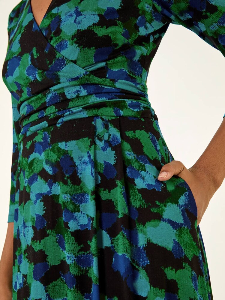 Roman Green Abstract Print V-Neck Stretch Midi Dress - Image 5 of 5