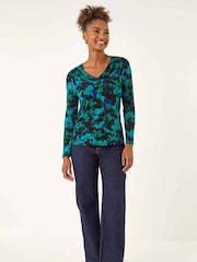 Roman Green Printed V-Neck Stretch Tops - Image 2 of 5