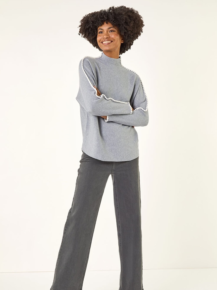 Roman Grey Hotfix Blanket Stitch Knit Jumper - Image 1 of 5