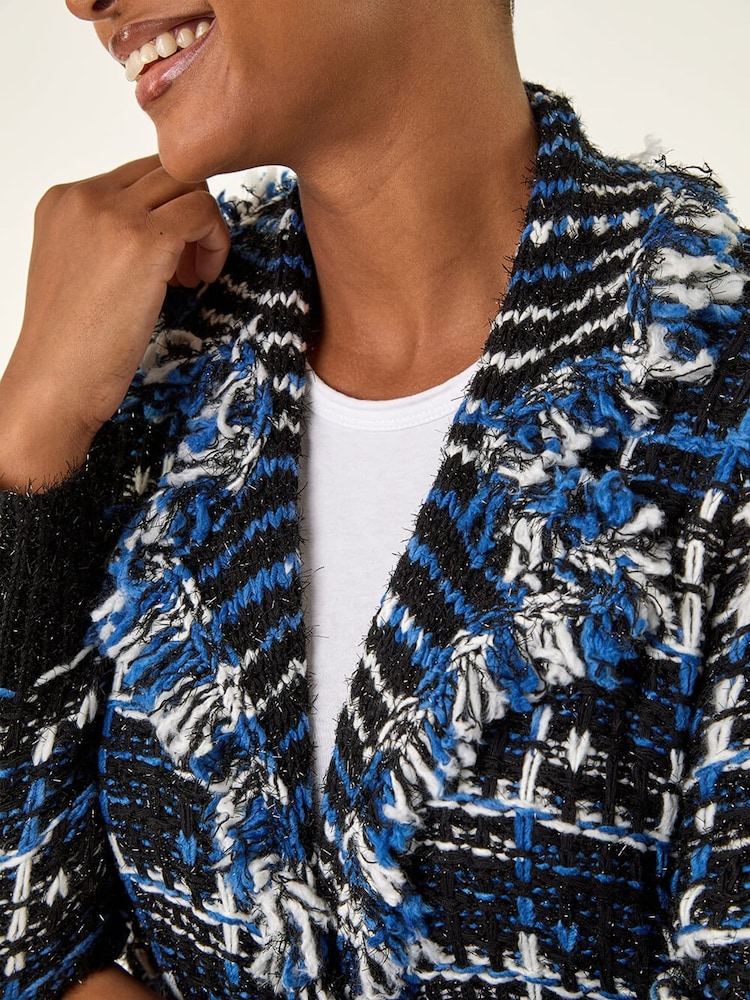 Roman Blue Checkered Fringe Knit Cardigan - Image 5 of 5