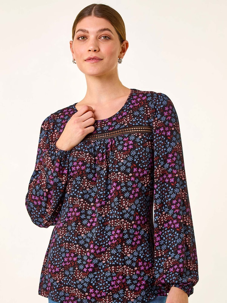 Roman Purple Floral Print Trim Stretch Blouse - Image 1 of 5 Roman Purple Floral Print Trim Stretch Blouse - Image 1 of 5