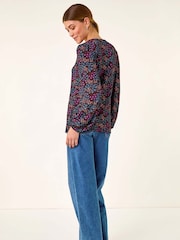Roman Purple Floral Print Trim Stretch Blouse - Image 2 of 5