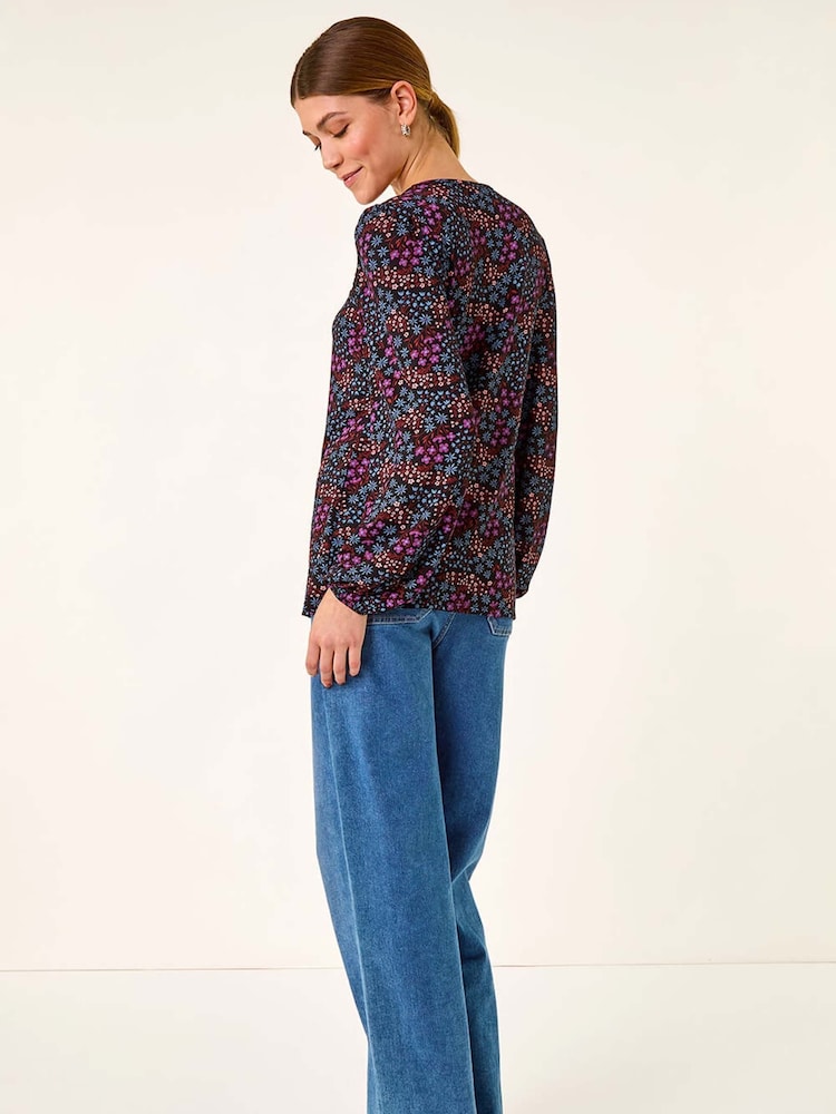 Roman Purple Floral Print Trim Stretch Blouse - Image 2 of 5 Roman Purple Floral Print Trim Stretch Blouse - Image 2 of 5