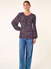 Roman Purple Floral Print Trim Stretch Blouse - Image 3 of 5