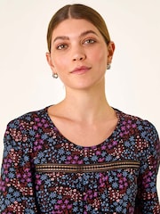 Roman Purple Floral Print Trim Stretch Blouse - Image 4 of 5