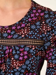 Roman Purple Floral Print Trim Stretch Blouse - Image 5 of 5